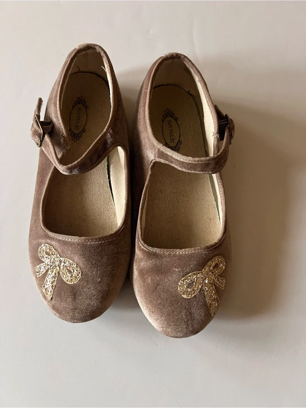 Joyfolie Girls Velvet Mary Janes with Gold Glitter Bow - Brown